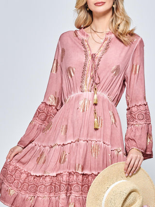 3/4 Sleeve Crochet Trim Holiday Midi Dress, Mauve Pink