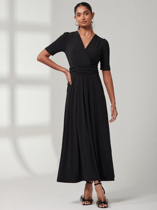 Plain Jersey Wrap Front Maxi Dress, Black, Short Cropped Sleeves, Front Image