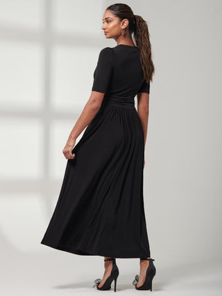 Plain Jersey Wrap Front Maxi Dress, Black, Short Cropped Sleeves, Back Image
