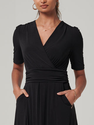 Plain Jersey Wrap Front Maxi Dress, Black, Short Cropped Sleeves, Close up detail Image