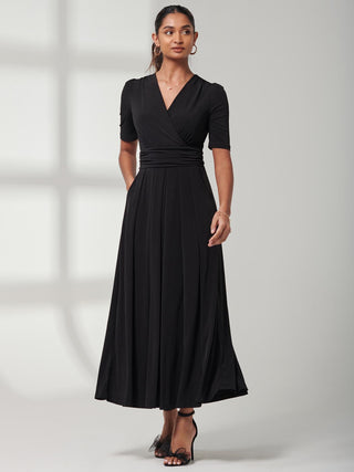 Plain Jersey Wrap Front Maxi Dress, Black, Short Cropped Sleeves,  Ruched waistline, Front Image