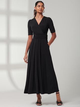 Plain Jersey Wrap Front Maxi Dress, Black, Short Cropped Sleeves