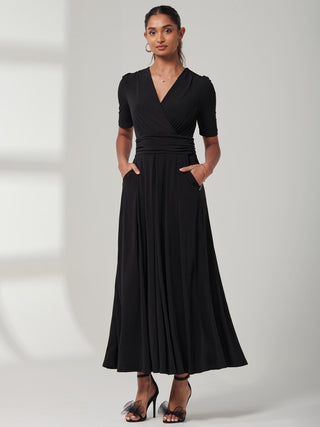 Plain Jersey Wrap Front Maxi Dress, Black, Short Cropped Sleeves,  Two Functional Pockets, Front Image