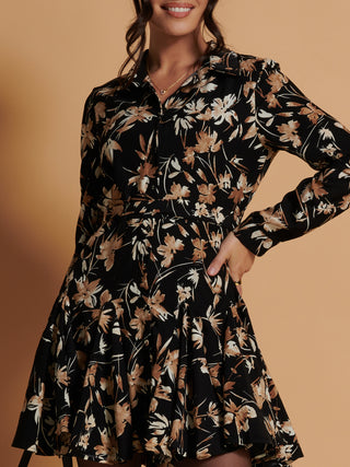Long Sleeve Fit & Flare Shirt Dress, Black Floral Jolie Moi Retail Long Sleeve Fit & Flare Shirt Dress, Black Floral Jolie Moi Retail