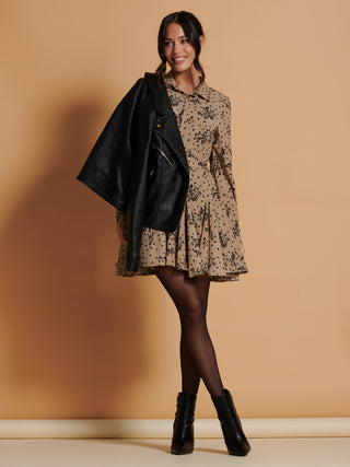 Long Sleeve Fit & Flare Shirt Dress, Stone/Black