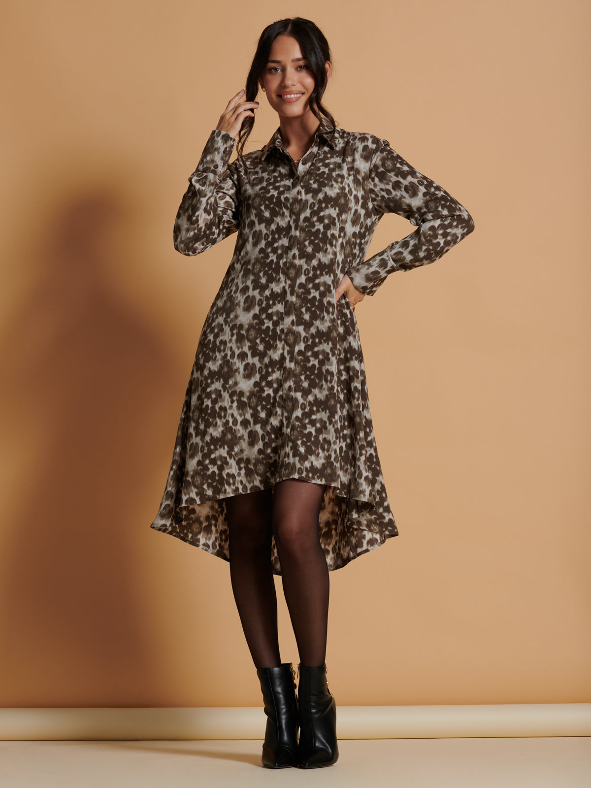 Abstract Print Dipped Hem Shirt Dress, Taupe Multi – Jolie Moi Retail