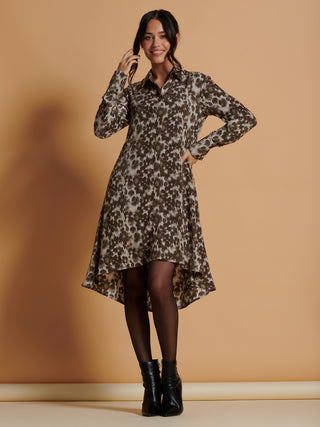 dip hem shirt dress Yumi Blue Leaf Print Dip Hem Midi Shirt Dress by Yumi