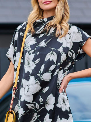 Cowl Neck Tunic Mini Dress, Black Floral