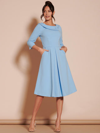 Fold Neckline Sleeved Midi Dress, Light Blue, 1950's Inspired, Front side