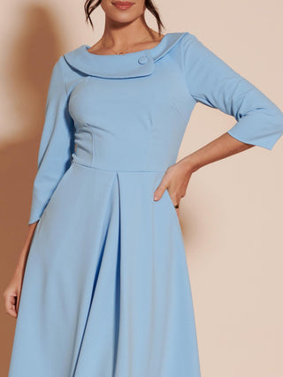 Fold Neckline Sleeved Midi Dress, Light Blue, 1950's Inspired, Close up details