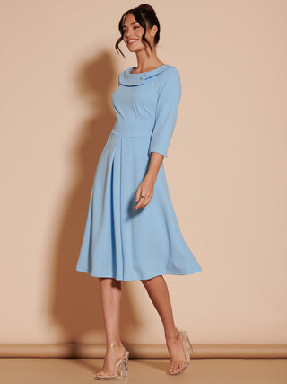 Fold Neckline Sleeved Midi Dress, Light Blue, 1950's Inspired, Side Image