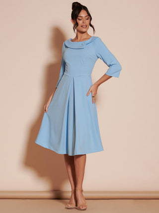 Fold Neckline Sleeved Midi Dress, Light Blue, 1950's Inspired, Pleat detail