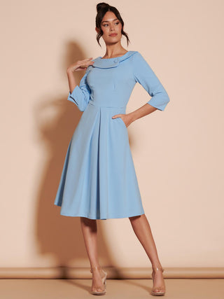 Fold Neckline Sleeved Midi Dress, Light Blue