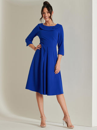 Fold Neckline Sleeved Midi Dress, Royal Blue, 1950's Inspired, Front Side