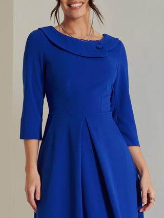 Fold Neckline Sleeved Midi Dress, Royal Blue, 1950's Inspired,  Close up 