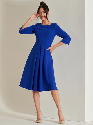 Fold Neckline Sleeved Midi Dress, Royal Blue, 1950's Inspired