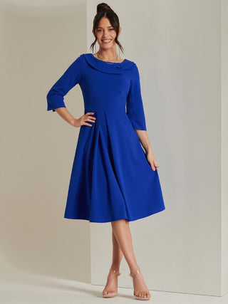 Fold Neckline Sleeved Midi Dress, Royal Blue, 1950's Inspired,  Pleat Detail 