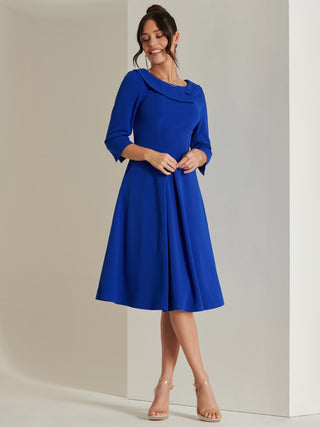 Fold Neckline Sleeved Midi Dress, Royal Blue, 1950's Inspired, Left Side Image