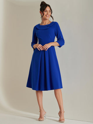 Fold Neckline Sleeved Midi Dress, Royal Blue, 1950's Inspired, Right Side Image