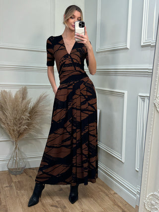 Wrap Front Viscose Maxi Dress, Black Abstract