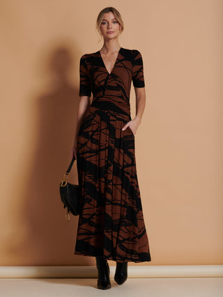 Wrap Front Viscose Maxi Dress, Black Abstract