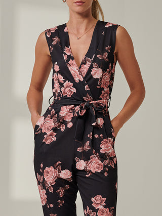 SLEEVELESS JUMPSUIT WITH TIE BELT, Black Floral