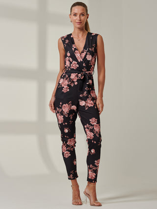 SLEEVELESS JUMPSUIT WITH TIE BELT, Black Floral