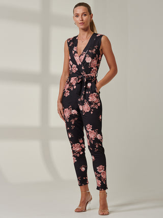 SLEEVELESS JUMPSUIT WITH TIE BELT, Black Floral
