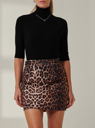 Mini Skirt With Button Detail, Black Leopard