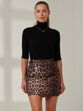 Mini Skirt With Button Detail, Black Leopard