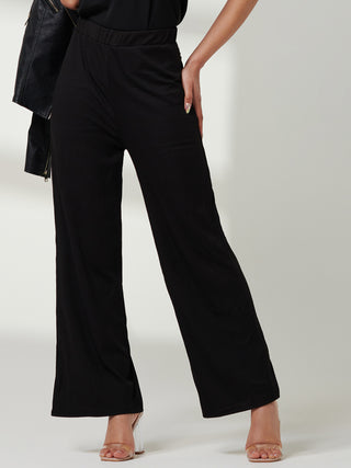 Ribbed Wide Leg Trousers, Black