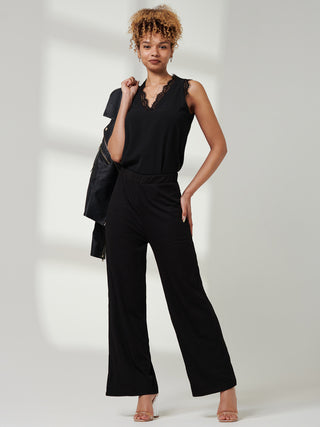 Ribbed Wide Leg Trousers, Black