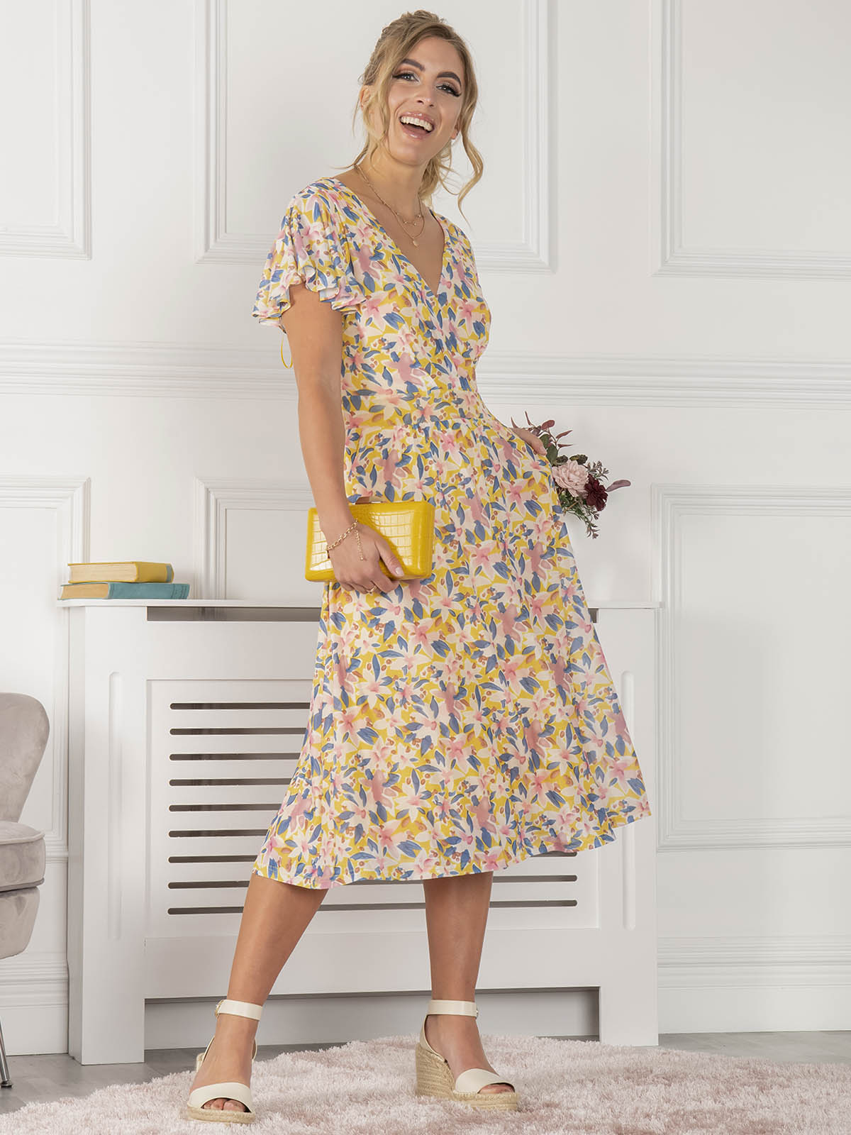 Floral yellow hot sale wrap dress