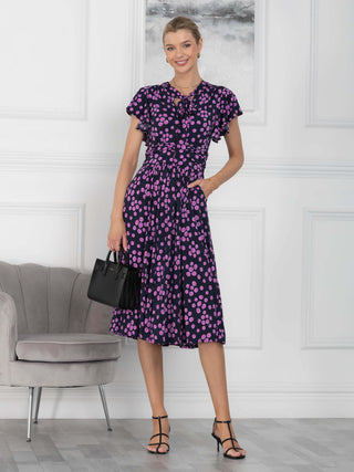 Beverly Tie Neck Midi Dress, Navy Spot