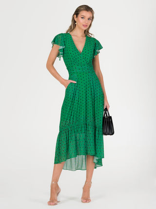 Leena Mesh Cap Sleeve Tiered Maxi Dress, Green Polka