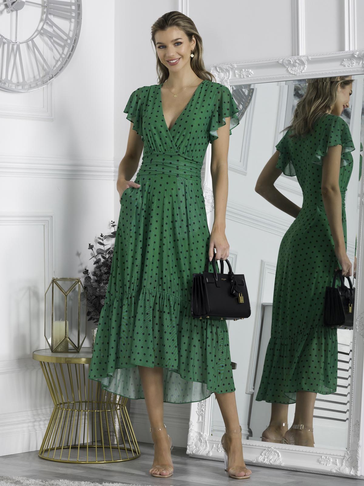 Leena Mesh Cap Sleeve Tiered Maxi Dress, Green Polka – Jolie Moi