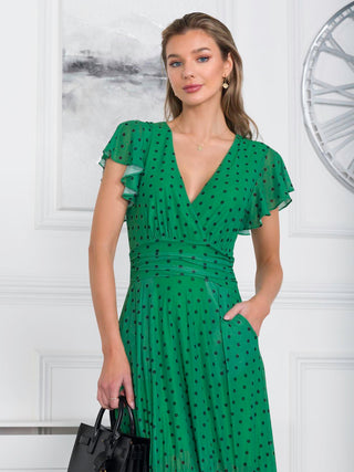 Leena Mesh Cap Sleeve Tiered Maxi Dress, Green Polka