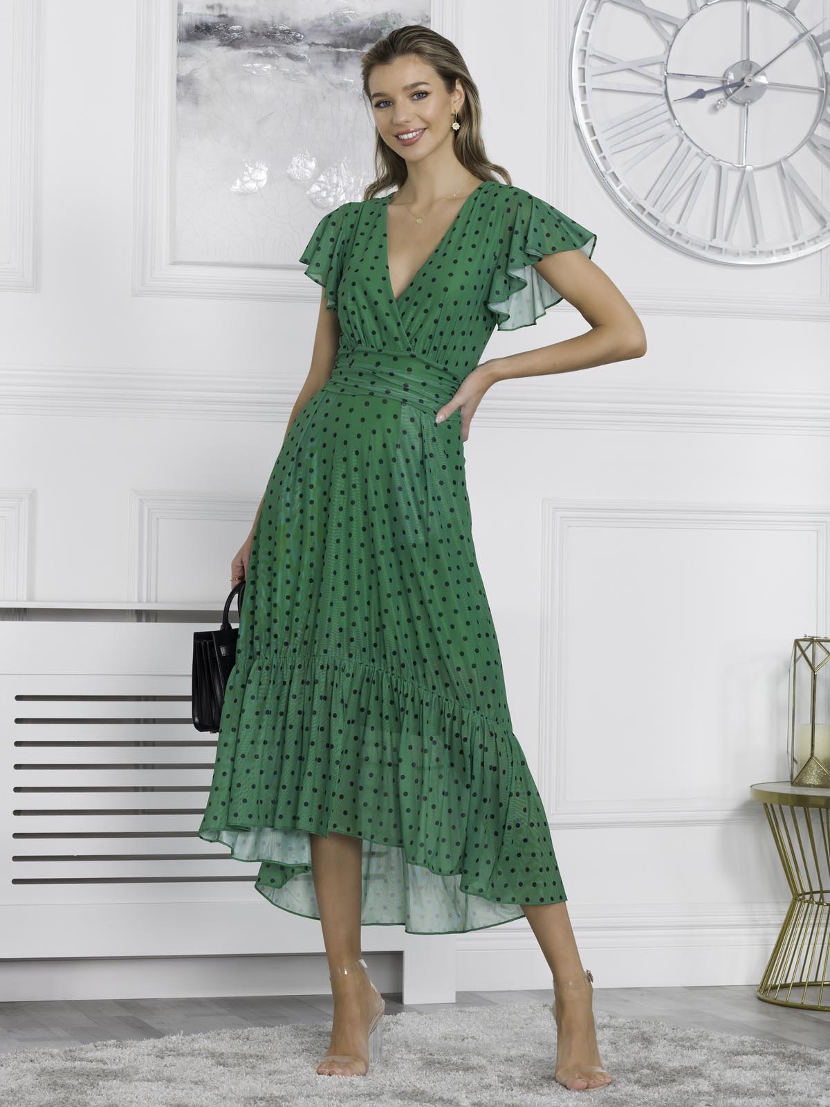 Leena Mesh Cap Sleeve Tiered Maxi Dress, Green Polka – Jolie Moi