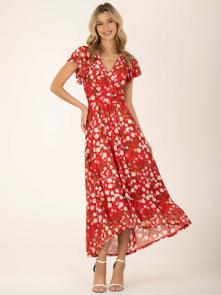 Jolie Moi Eleanor Wrap Mesh Maxi Dress, Red Floral