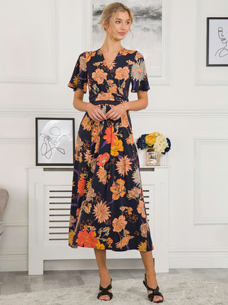 Sherya Jersey Angel Sleeve Maxi Dress, Navy Orange Floral, Midi Dress, Wrap-over V-neckline, Floral Print, Elasticated Waistband, Fit&Flare, Fully lined Hem, Subtle Pleat Detail, Front Side