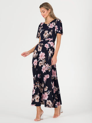 Hailey Jersey Angel Sleeve Maxi Dress, Navy Floral
