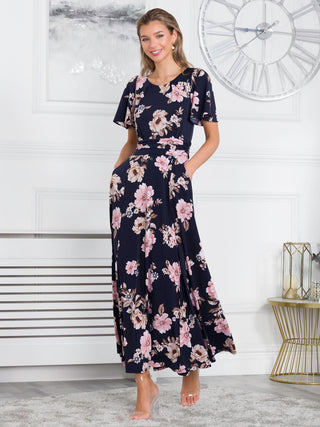 Hailey Jersey Angel Sleeve Maxi Dress, Navy Floral