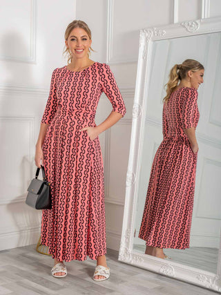 Jolie Moi Cierra 3/4 Sleeve Maxi Dress, Coral Pink