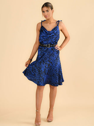 Sample Sale - Cowl Neck Midi Dress, Blue Leopard
