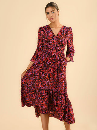 Sample Sale - Wrap Midi Dress, Red Abstract