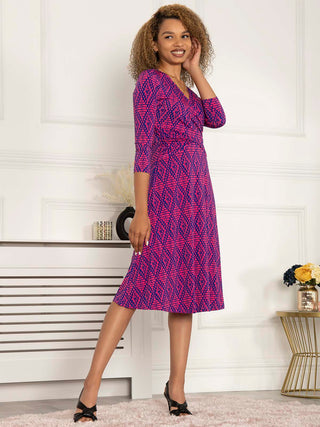 Jolie Moi Petra 3/4 Sleeve Ruched Dress, Geo Multi