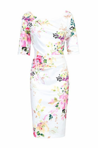 Retro Floral Print Half Sleeve Dress, White Floral