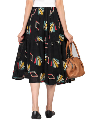 Tiered Geo Print Midi Skirt, Black Pattern