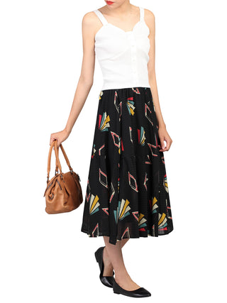 Tiered Geo Print Midi Skirt, Black Pattern
