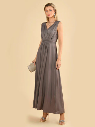 Plunge V Neck Draped Maxi Dress, Grey